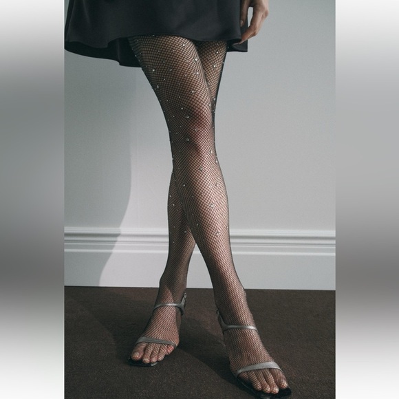 NWT ZARA FISHNET RHINESTONE TIGHTS SIZE M - Picture 1 of 7